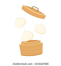 Dim sum, traditional Chinese dumplings, in bamboo steamer basket. Asian food vector illustration. Baozi or bao is Chinese food.