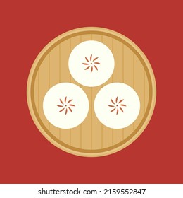 Dim sum, traditional Chinese dumplings, in bamboo steamer basket. Asian food vector illustration. Baozi or bao is Chinese food.