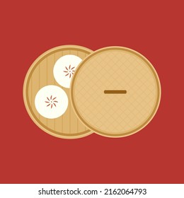 Dim sum, traditional Chinese dumplings, in bamboo steamer basket. Asian food vector illustration. Baozi or bao is Chinese food.