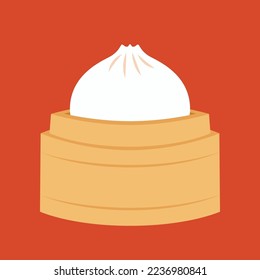 Dim sum, bolas de masa volcánica tradicionales chinas, en una cesta de vapor de bambú. Ilustración del vector alimentario asiático. Baozi o bao son platos chinos.