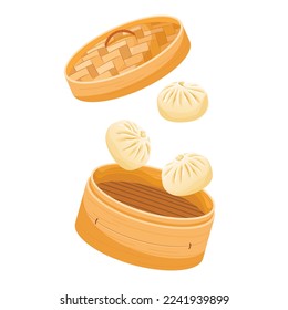 Dim sum, traditional Chinese dumplings Falling Bamboo Steamer. Dragon Boat Festival Concept or  lunar new year. Vector illustration