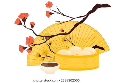 Dim sum, traditional Chinese dumplings, in bamboo steamer basket. Asian food vector illustration. Traditional Chinese dumplings. Taiwanese cuisine. Korean dumplings in a steamer