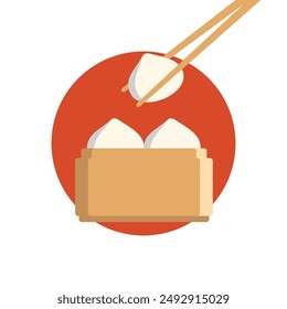 Dim sum, traditional Chinese dumplings with chopsticks and bamboo steamer. Dragon Boat Festival Concept or lunar new year. Vector illustration