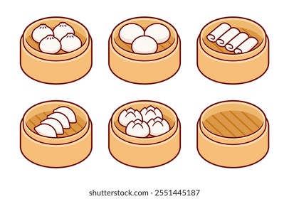 Dim sum, traditional Chinese dumplings, in bamboo steamer baskets. Spring rolls, potstickers, bao buns. Asian food vector illustration, cartoon drawing set.