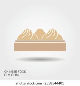 Dim sum, traditional Chinese dumplings, with wood basket. Flat icon with shadow