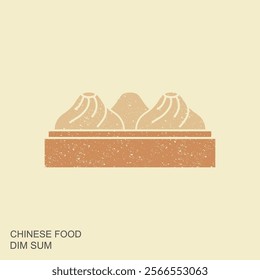 Dim sum, traditional Chinese dumplings, with wood basket. Flat icon in retro style