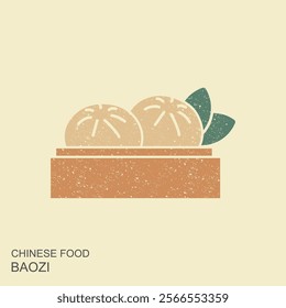 Dim sum, traditional Chinese dumplings, with wood basket. Flat Illustration in retro style