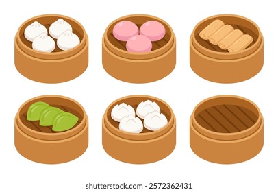 Dim sum, traditional Chinese dumplings, in bamboo steamer baskets. Spring rolls, potstickers, bao buns. Asian food vector illustration, cartoon drawing set.