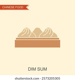 Dim sum, traditional Chinese dumplings, with wood basket. Flat icon