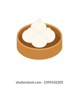 Dim sum vector illustration. Traditional Chinese dumplings, in bamboo steamer basket. Asian food.