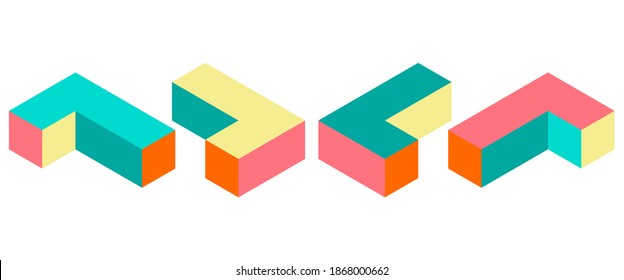 Dimension 3D isometric retro puzzle figures colorful vector game blocks.