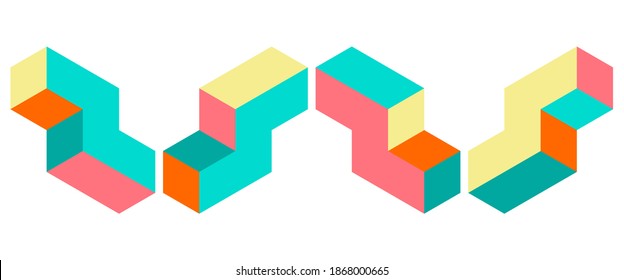 Dimension 3D isometric retro puzzle figures colorful vector game blocks.