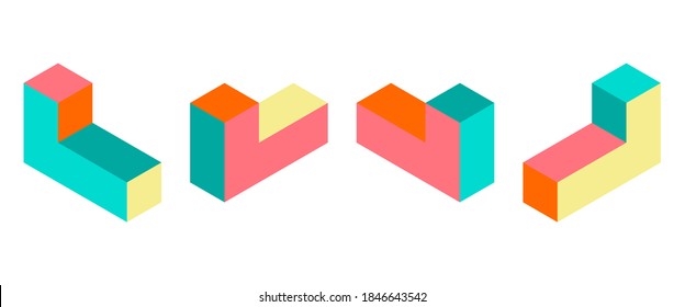 El rompecabezas retro Dimension 3D figura bloques de juego vectoriales coloridos. 