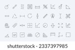 Dimension, area and measure thin black line icons set vector illustration. Outline infographic pictograms of length, height and width measurement, circular and straight lines with arrows and scales