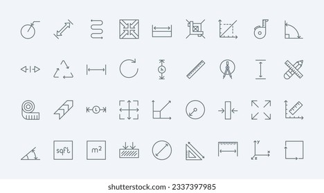 Dimension, area and measure thin black line icons set vector illustration. Outline infographic pictograms of length, height and width measurement, circular and straight lines with arrows and scales