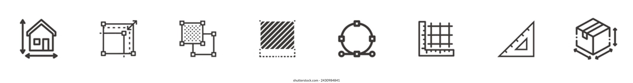 Dimension, area and perimeter measure concept editable flat vector icons set.