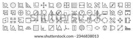 Dimension, area and perimeter measure concept. Vector set of linear geometry icons. Geometric symbols collection. Square, perimeter, distance and diameter icons.
