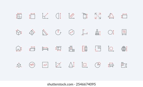 Dimension arrows and ruler to measure circle diameter, width and height, depth line icon set. Isometric arrows with scales, square and room area thin black and red outline symbols vector illustration