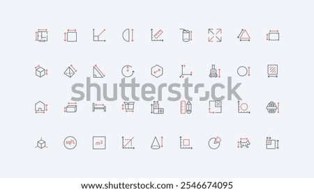 Dimension arrows and ruler to measure circle diameter, width and height, depth line icon set. Isometric arrows with scales, square and room area thin black and red outline symbols vector illustration