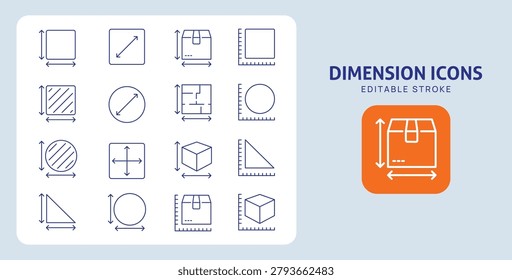 Dimension Icons. Editable Stroke. Set of thin line icons symbol collection.