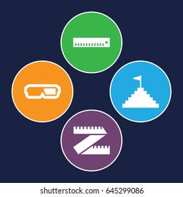 Dimension icons set. set of 4 dimension filled icons such as pyramid flag, 3d glasses, ruler