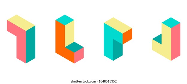 El rompecabezas retro Dimension 3D figura bloques de juego vectoriales coloridos. 