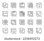 Dimension line icons. Square meter, Area size and Floor plan set. Box size dimension, room space and perimeter line icons. Post office package sizes, square area and triangle corner. Vector