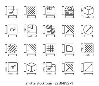 Dimension line icons. Square meter, Area size and Floor plan set. Box size dimension, room space and perimeter line icons. Post office package sizes, square area and triangle corner. Vector