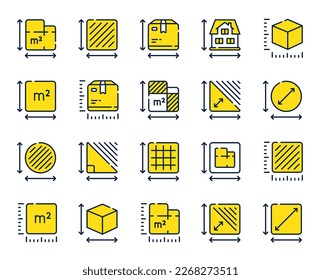 Dimension line icons. Square meter, Area size and Floor plan set. Box size dimension, room space and perimeter line icons. Post office package sizes, square area and triangle corner. Vector