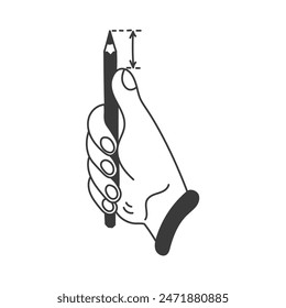 Dimension der perspektivischen Geste Hand halten Bleistift. Künstler und Maler Berufssymbol. Ikone der Kunstschulbildung im Doodle-Stil. Isolierte Vektorillustration. 