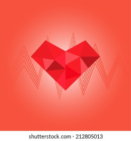 dimension of red heart on sound wave, red background. A vector illustration.