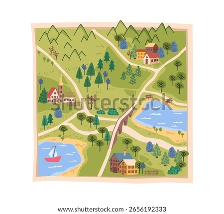 Dimensional 3d modeling of small mountain settlement. Vector topography for construction or development. Map of terrains with trails and elevation changes, peaks and forests, buildings and lakes