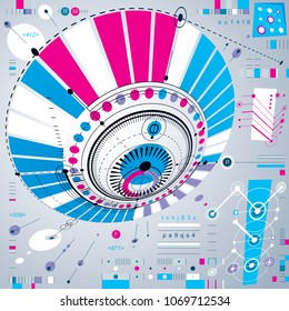 Dimensional abstract circular mechanical scheme, 3d technological pattern. Vector industrial and engineering background.