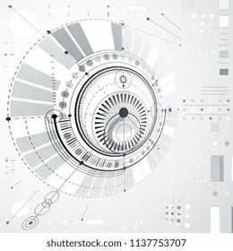 Dimensional abstract circular mechanical scheme, 3d technological pattern. Vector industrial and engineering background.