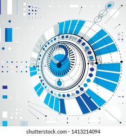 Dimensional abstract circular mechanical scheme, 3d technological pattern. Vector industrial and engineering background.