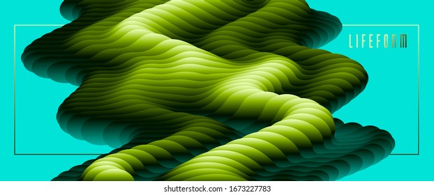 Dimensional bio life form gradient shape element for design, abstract colorful fluid vector background, flowing 3D wave, color dynamic motion layout.