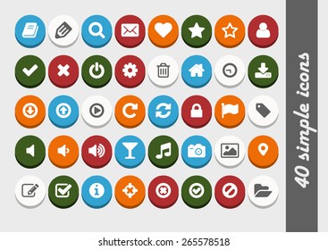 Dimensional bright flat buttons with white icons. Big set for use on web or mobile menus