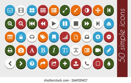 Dimensional bright flat buttons with white icons. Big set for use on web or mobile menus