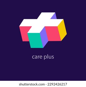 Dimensional care plus logo. Unique colors. Geometric creative logo template. vector