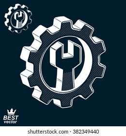 Dimensional cog wheel with repair spanner vector illustration. 3d engineering design element,?? manufacturing tools. Repair theme icon.