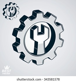 Dimensional cog wheel with spanner vector illustration. 3d industrial design element, gear. Repair theme icon.