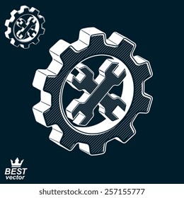 Dimensional cog wheel with two spanners crossed vector illustration. 3d engineering design element, manufacturing tools. Repair theme icon.
