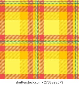 Têxtil xadrez de tecido dimensional, textura de verificação de vetor de arte. África fundo tartan padrão sem emenda na paleta de cores amarelas e vermelhas.