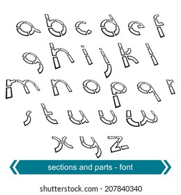 Dimensional font with rotation effect, perspective unusual script.