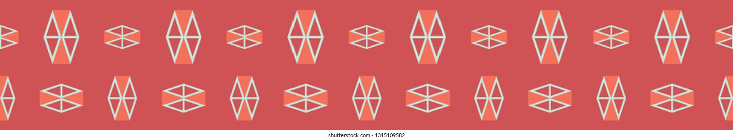Dimensional geometric shapes on a deep orange background, seamless repeat pattern border. Works well for textiles, decor, fashion and stationery. Vector. 