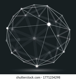 Dimensional lattice mesh vector abstraction, 3D polygonal design abstract sphere, tech and science digital style dynamic connections with lines and dots, with realistic depth of field effect.