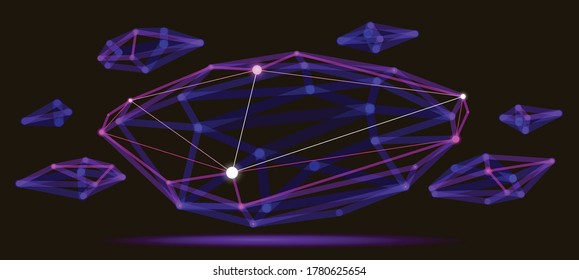 Dimensional lattice mesh vector abstraction, 3D polygonal design abstract shape, tech and science digital style dynamic connections with lines and dots, with realistic depth of field effect.