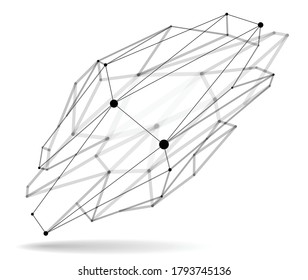 Dimensional lattice mesh vector abstraction, 3D polygonal design abstract shape isolated over white, science digital dynamic connections with lines and dots with perspective.
