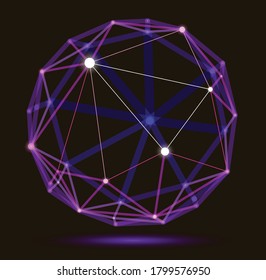 Dimensional lattice mesh vector abstraction, 3D polygonal design abstract sphere, tech and science digital style dynamic connections with lines and dots, with realistic depth of field effect.