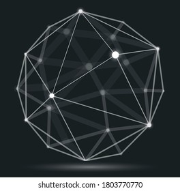 Dimensional lattice mesh vector abstraction, 3D polygonal design abstract sphere, tech and science digital style dynamic connections with lines and dots, with realistic depth of field effect.